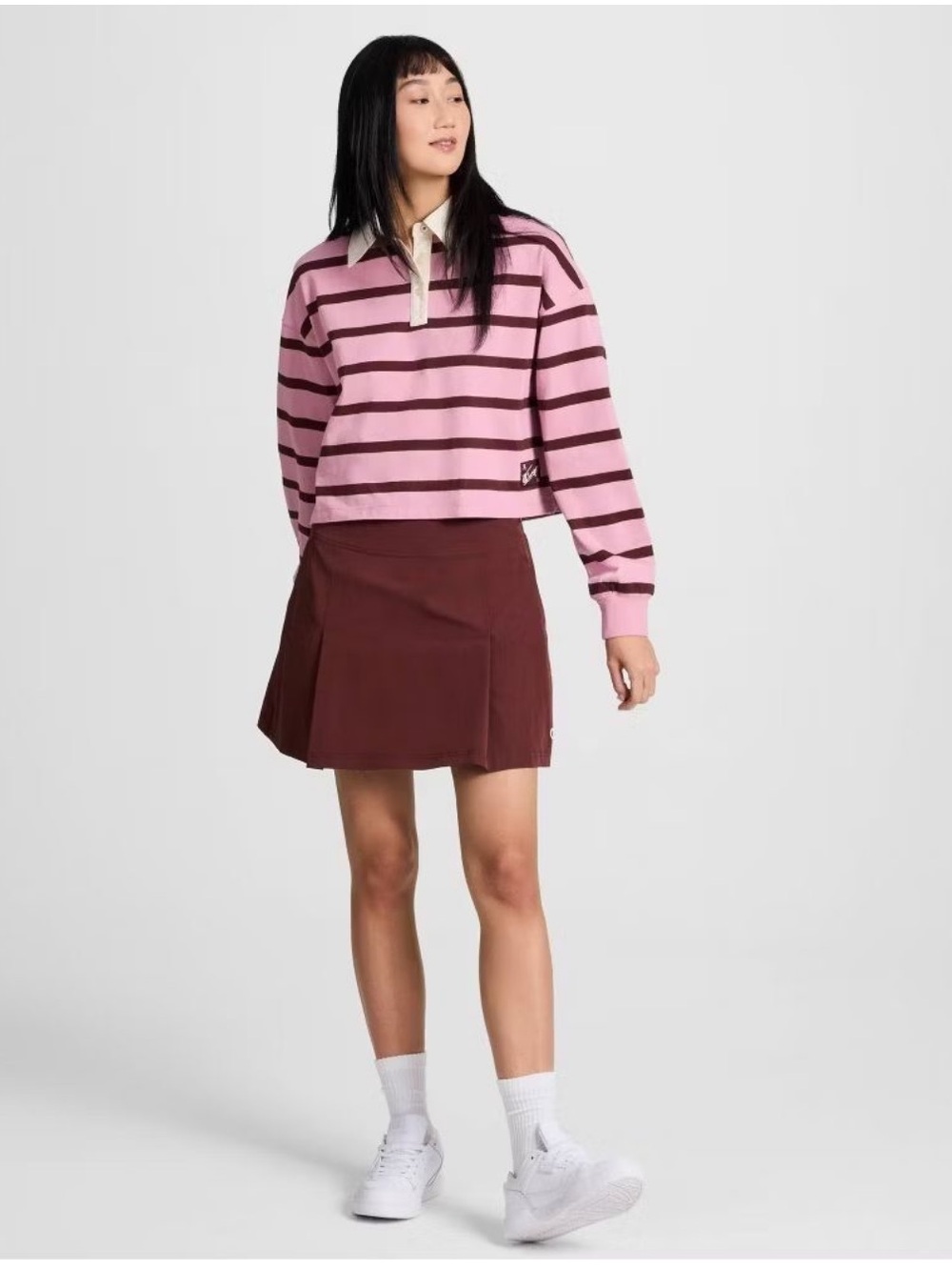 Champion Striped Long Sleeve Rugby Pink and Maroon Crop Top Collar Sporty